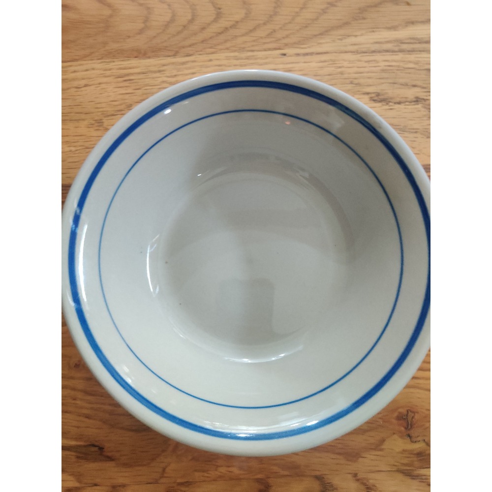 VTG Stoneware Bowls Set of 2 Off-White Blue Double Band Farmhouse Cereal Soup - Picture 2 of 5